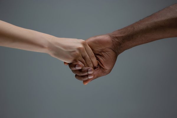 Racial tolerance. Respect social unity. African and caucasian hands gesturing isolated on gray studio background. Human rights, friendship, intenational unity concept. Interracial unity all around the world.
